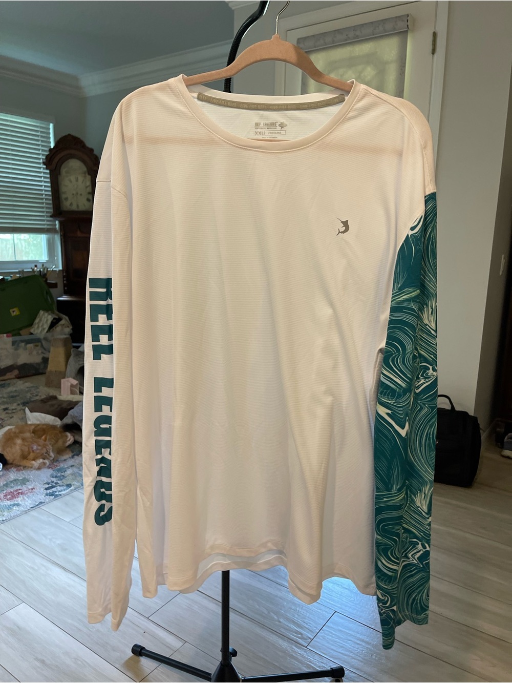 Reel Legends White Long Sleeve Shirt with Teal Patterned Sleeve